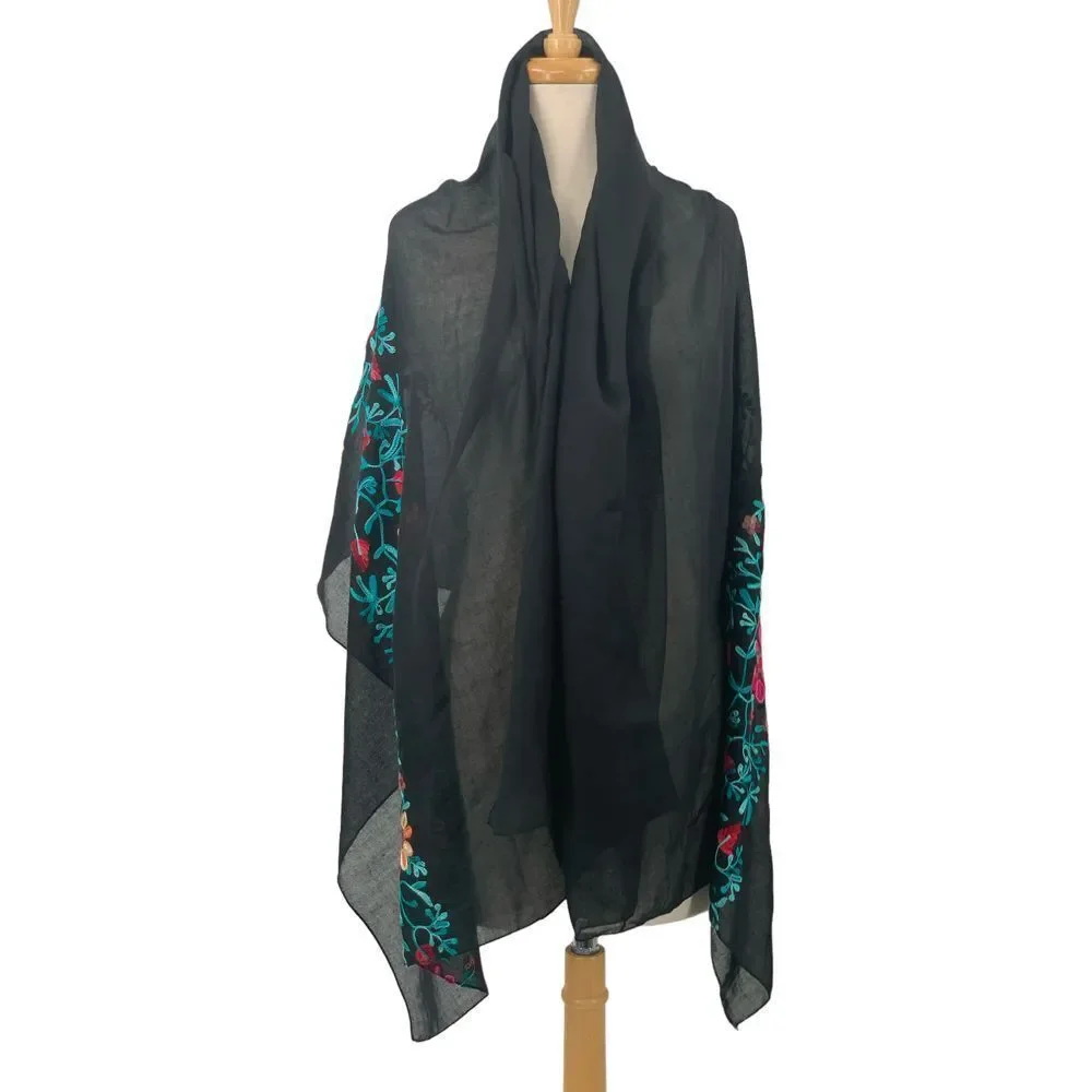 Women's Lightweight Black‎ Multi-Colored Floral Embroidered Scarf Wrap OS